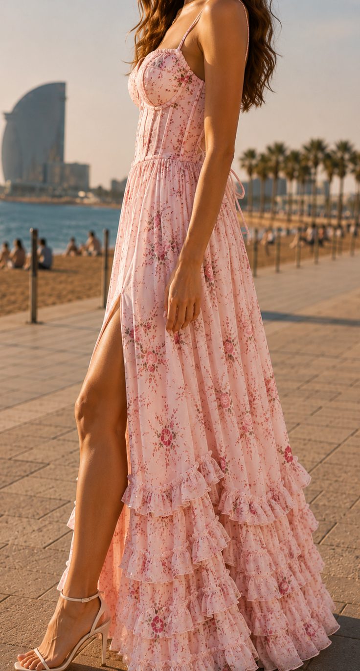 Women's Floral Maxi Barcelona Dress Spaghetti Strap Front Slit