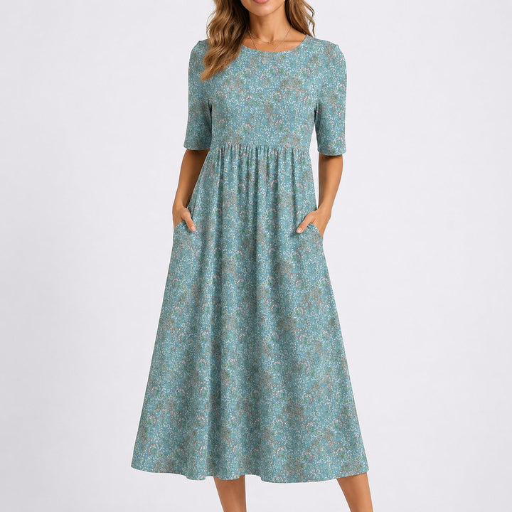 Women's Floral Midi Fall Wedding Guest Dress Short Sleeve A-Line