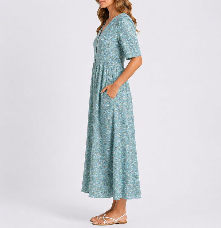 Women's Floral Midi Fall Wedding Guest Dress Short Sleeve A-Line