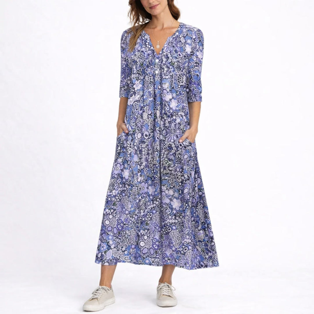 Women's Floral Midi Fall Wedding Guest Dress V-Neck 3/4 Sleeve - Blue