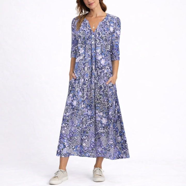 Women's Floral Midi Fall Wedding Guest Dress V-Neck 3/4 Sleeve - Blue