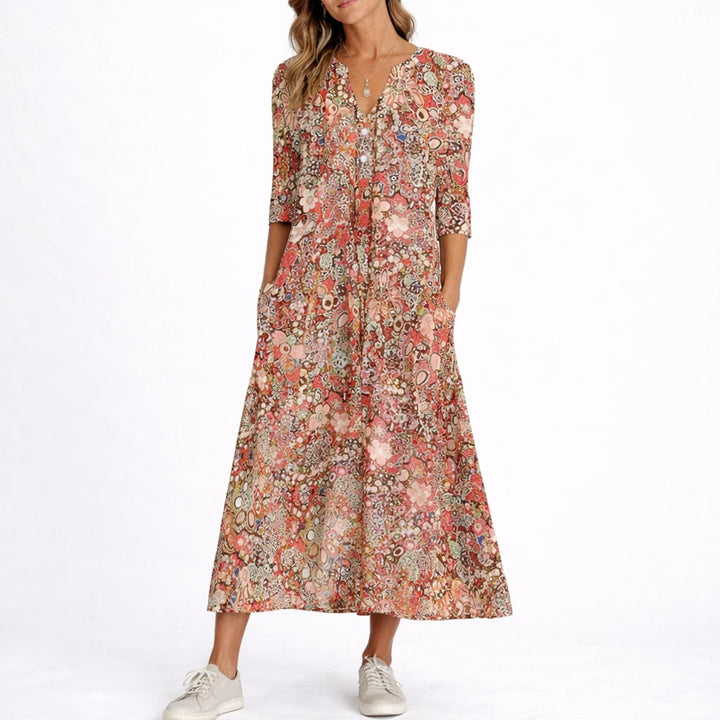Women's Floral Midi Fall Wedding Guest Dress V-Neck 3/4 Sleeve - Red