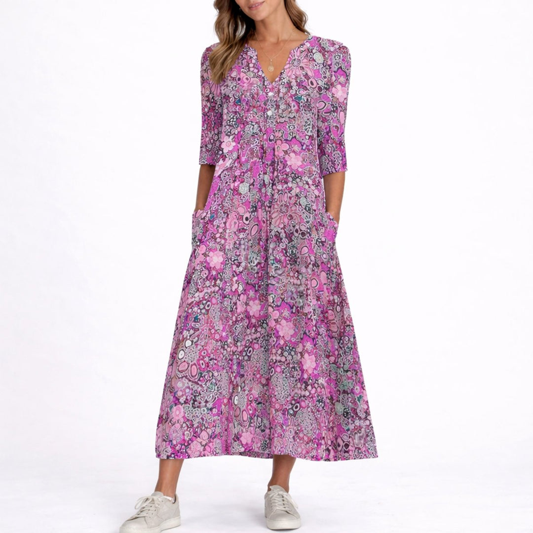 Women's Floral Midi Fall Wedding Guest Dress V-Neck 3/4 Sleeve - Purple