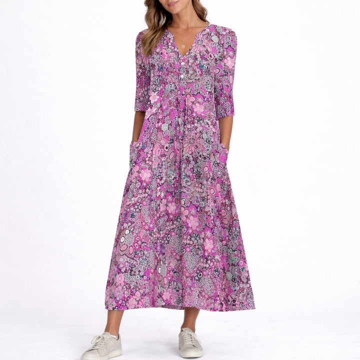 Women's Floral Midi Fall Wedding Guest Dress V-Neck 3/4 Sleeve - Purple