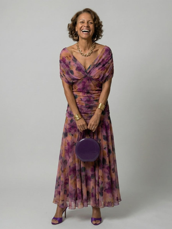 Women's Floral Off-Shoulder Draped V-Neck Midi Dress - Purple