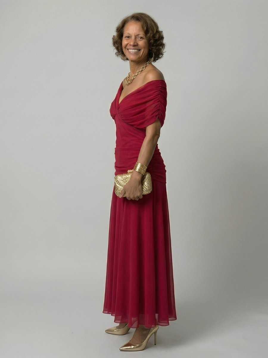 Women's Floral Off-Shoulder Draped V-Neck Midi Dress
