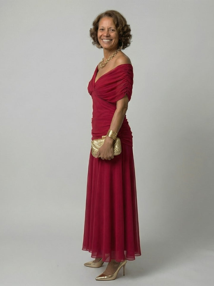 Women's Floral Off-Shoulder Draped V-Neck Midi Dress
