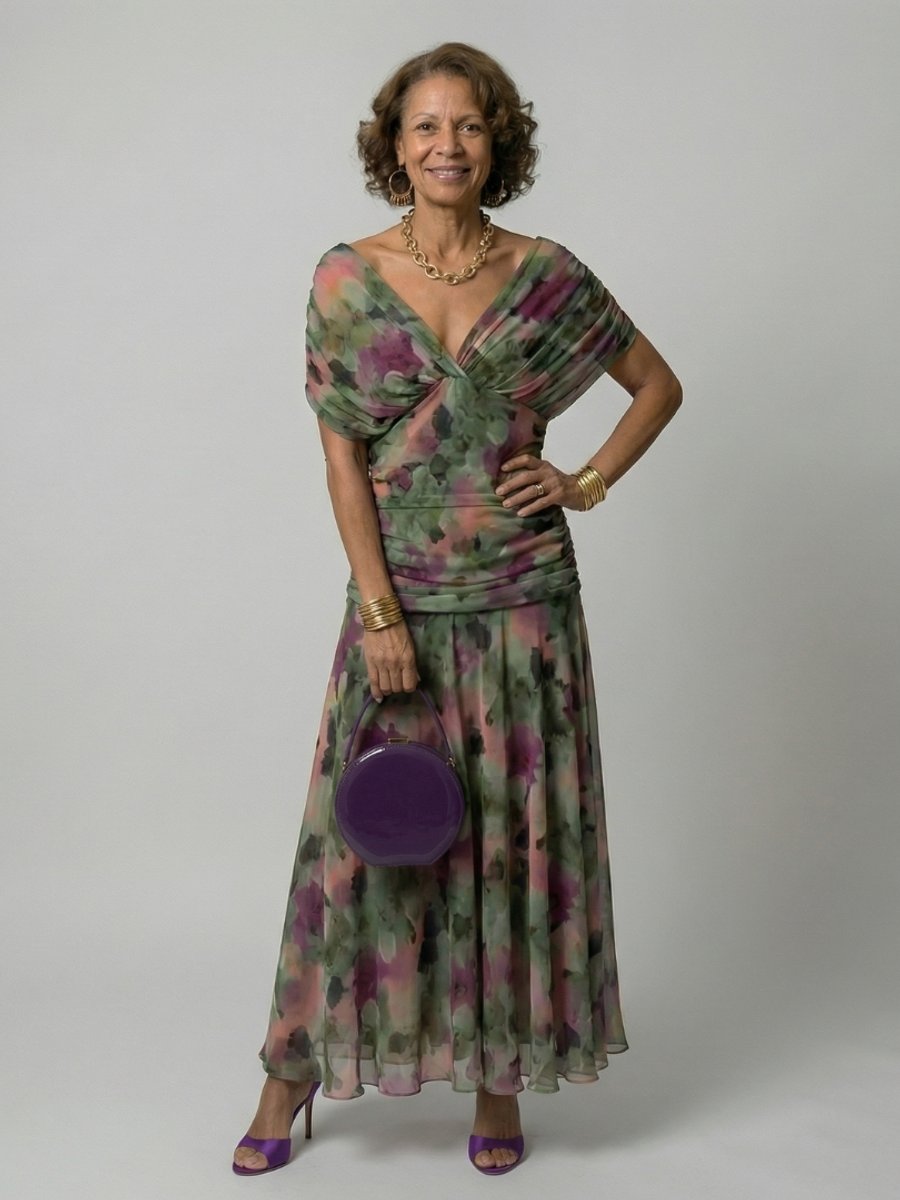 Women's Floral Off-Shoulder Draped V-Neck Midi Dress - Multicolor