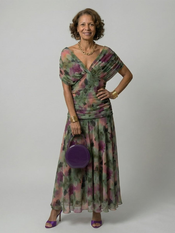Women's Floral Off-Shoulder Draped V-Neck Midi Dress - Multicolor