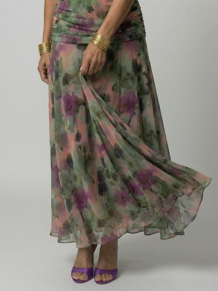 Women's Floral Off-Shoulder Draped V-Neck Midi Dress