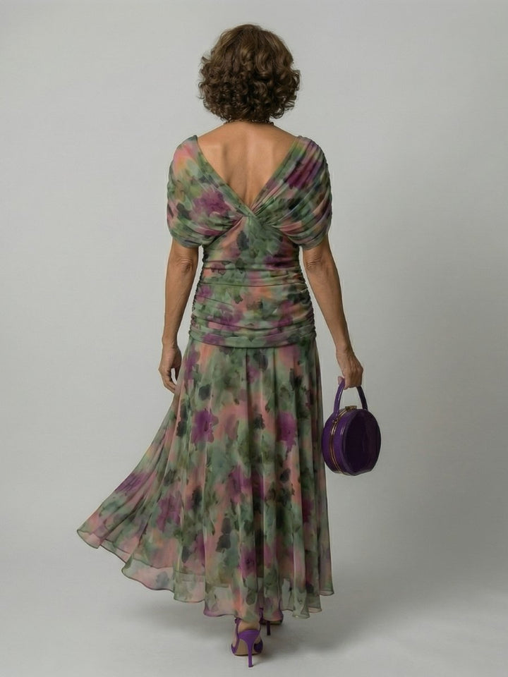 Women's Floral Off-Shoulder Draped V-Neck Midi Dress