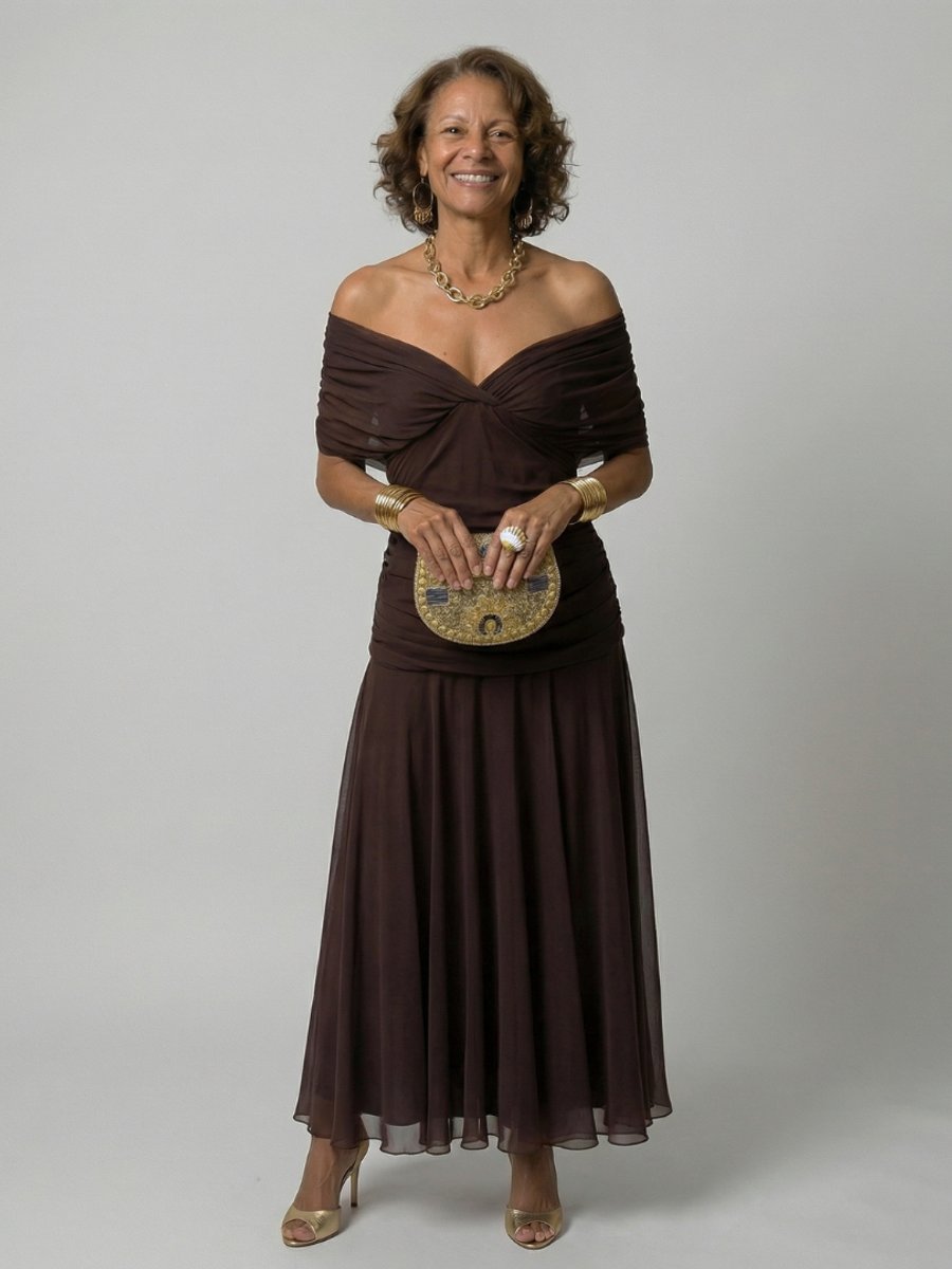 Women's Floral Off-Shoulder Draped V-Neck Midi Dress - Brown