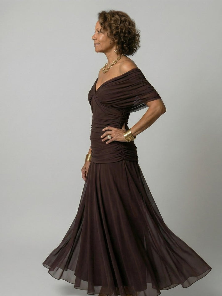 Women's Floral Off-Shoulder Draped V-Neck Midi Dress