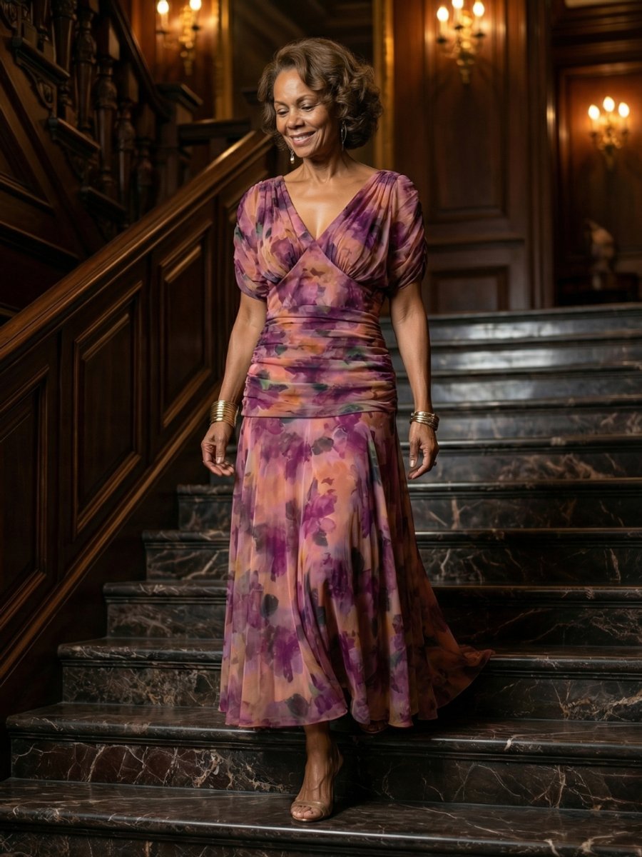 Women's Floral Off-Shoulder Draped V-Neck Midi Dress