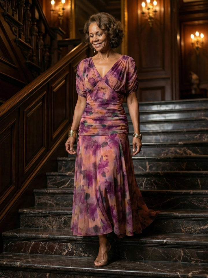 Women's Floral Off-Shoulder Draped V-Neck Midi Dress