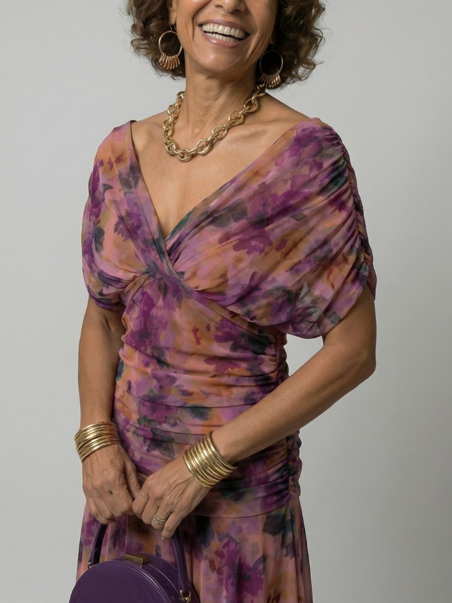 Women's Floral Off-Shoulder Draped V-Neck Midi Dress