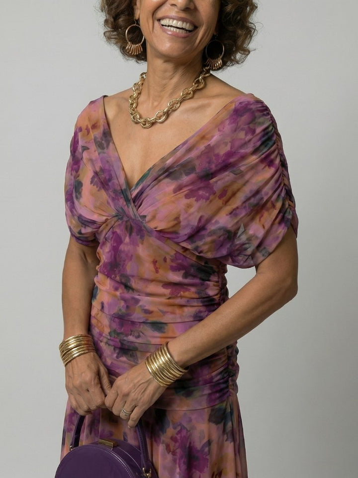 Women's Floral Off-Shoulder Draped V-Neck Midi Dress