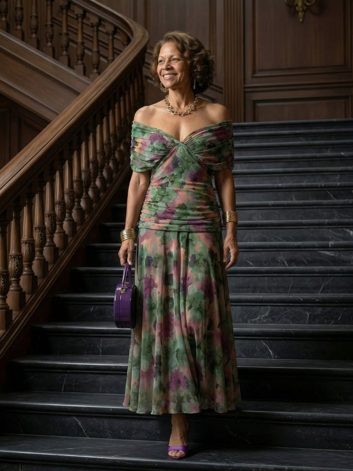Women's Floral Off-Shoulder Draped V-Neck Midi Dress