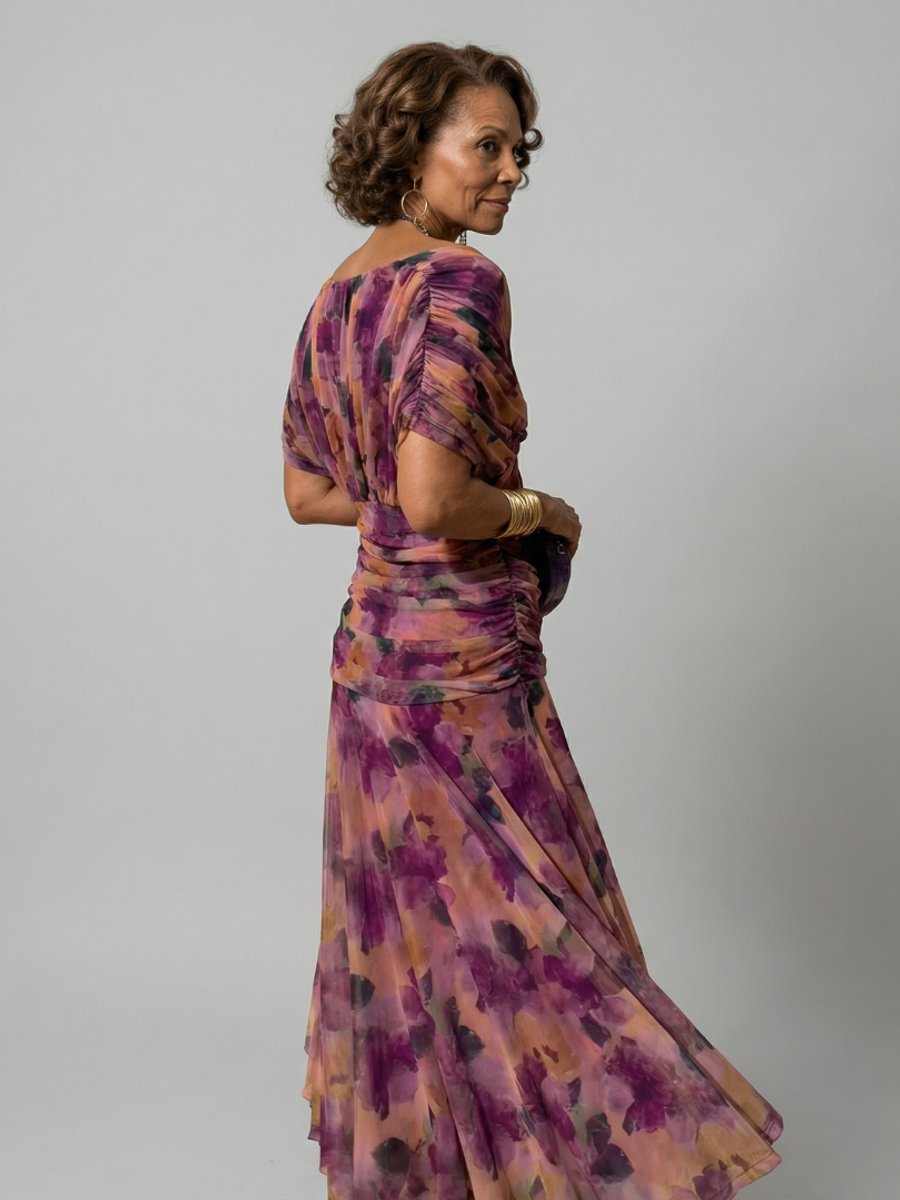Women's Floral Off-Shoulder Draped V-Neck Midi Dress