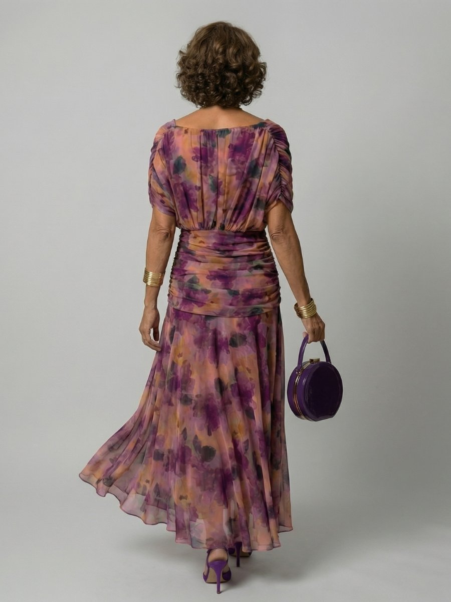 Women's Floral Off-Shoulder Draped V-Neck Midi Dress