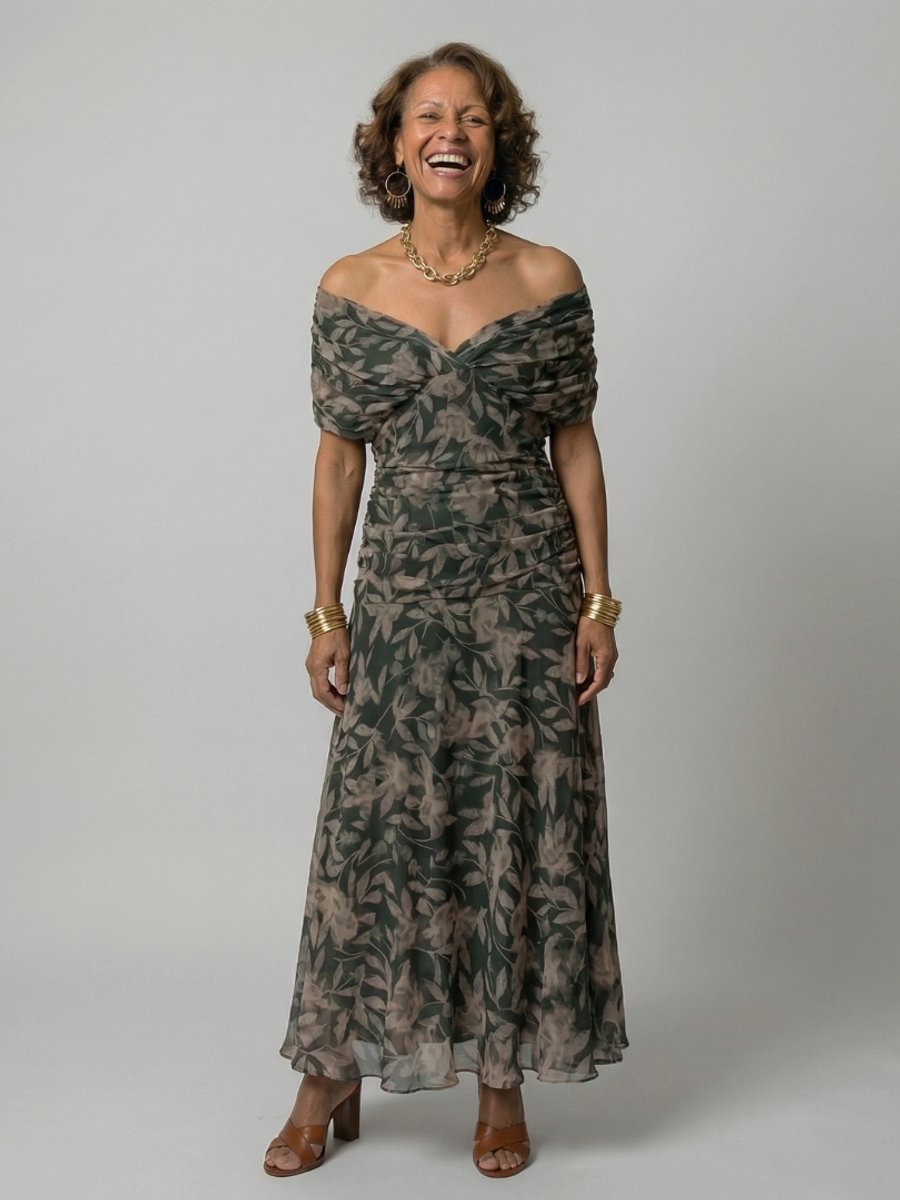 Women's Floral Off-Shoulder Draped V-Neck Midi Dress - Dark Green