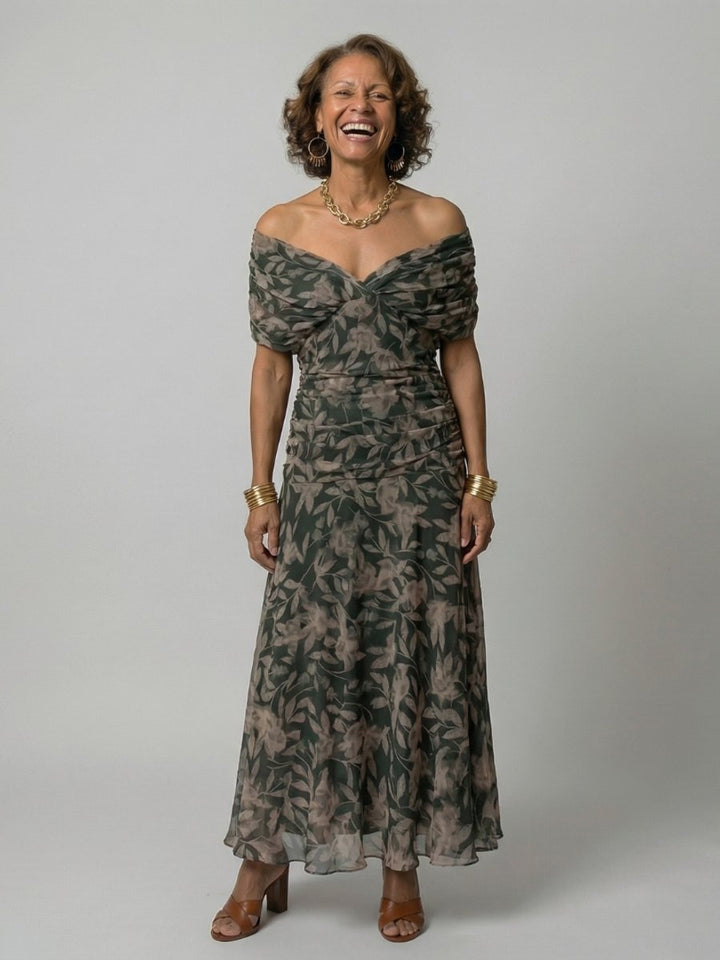 Women's Floral Off-Shoulder Draped V-Neck Midi Dress - Dark Green