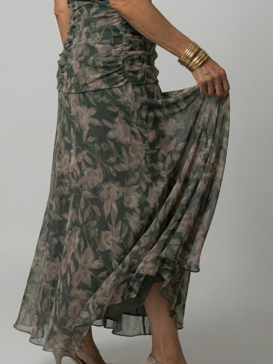 Women's Floral Off-Shoulder Draped V-Neck Midi Dress
