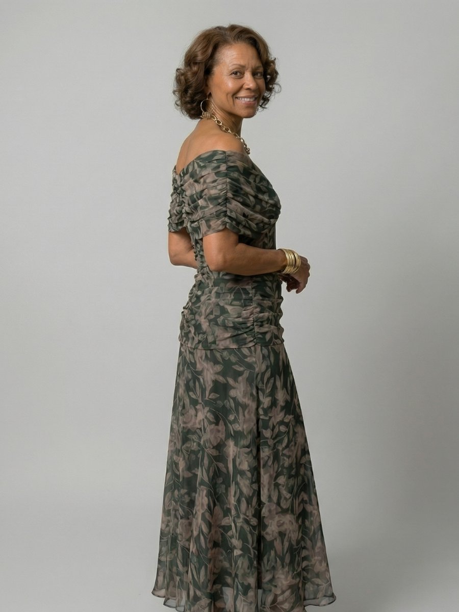 Women's Floral Off-Shoulder Draped V-Neck Midi Dress
