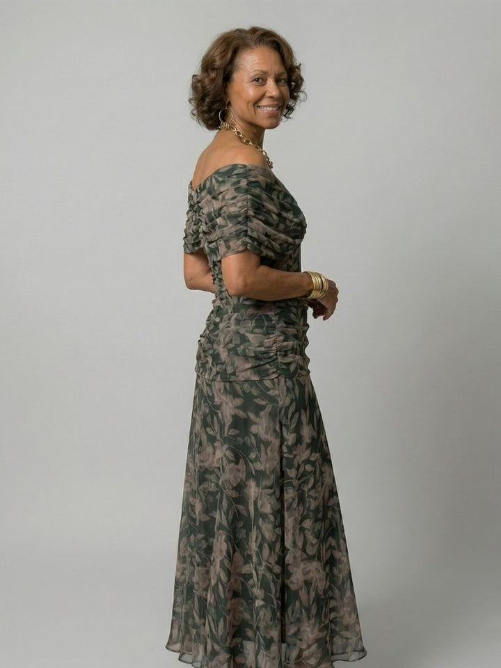 Women's Floral Off-Shoulder Draped V-Neck Midi Dress