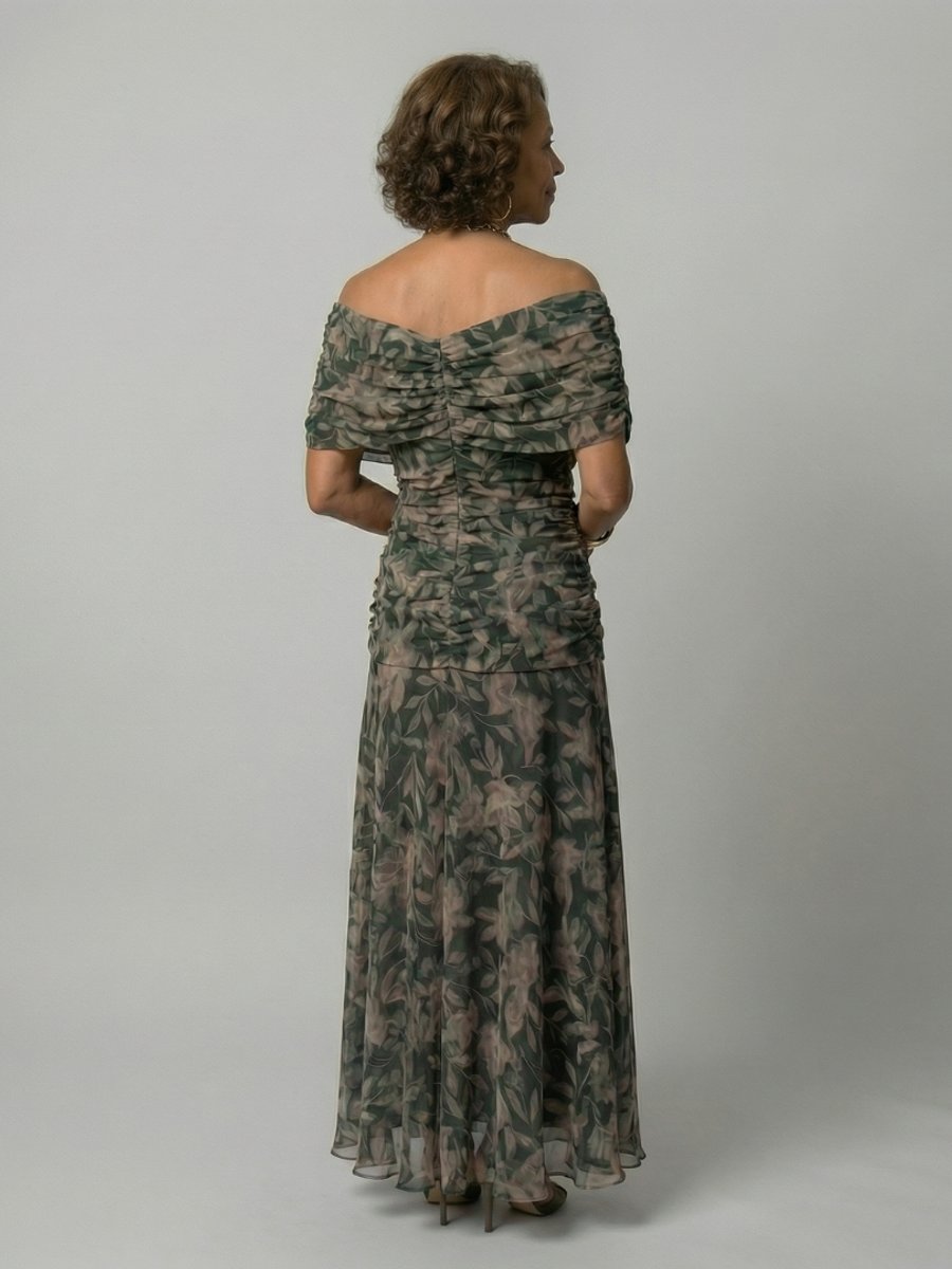 Women's Floral Off-Shoulder Draped V-Neck Midi Dress