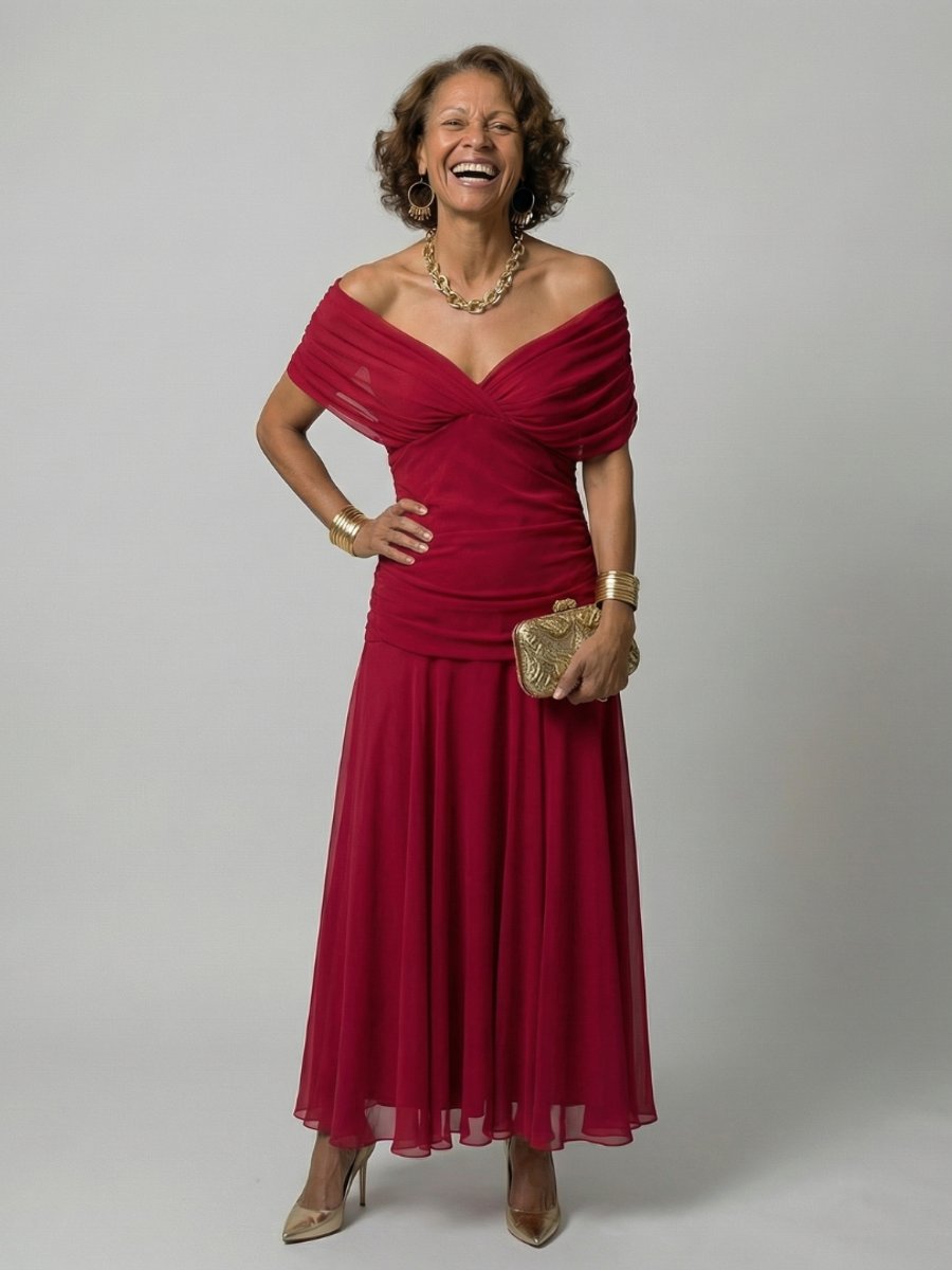 Women's Floral Off-Shoulder Draped V-Neck Midi Dress - Red