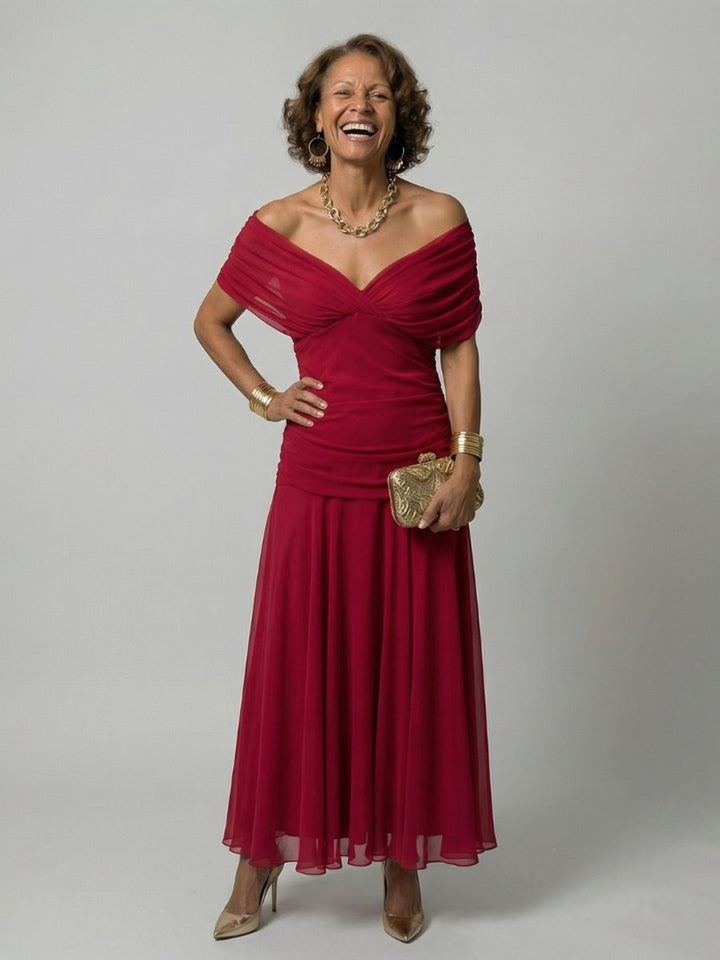 Women's Floral Off-Shoulder Draped V-Neck Midi Dress - Red