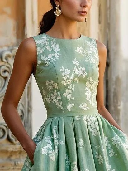 Women's Floral Pleated A-Line Sleeveless Midi Dress