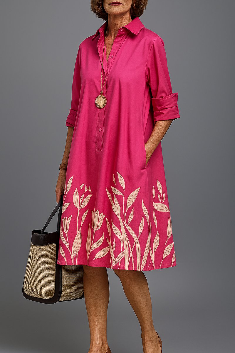 Women's Floral-Print A-Line Shirt Cocktail Dress Midi - Pink