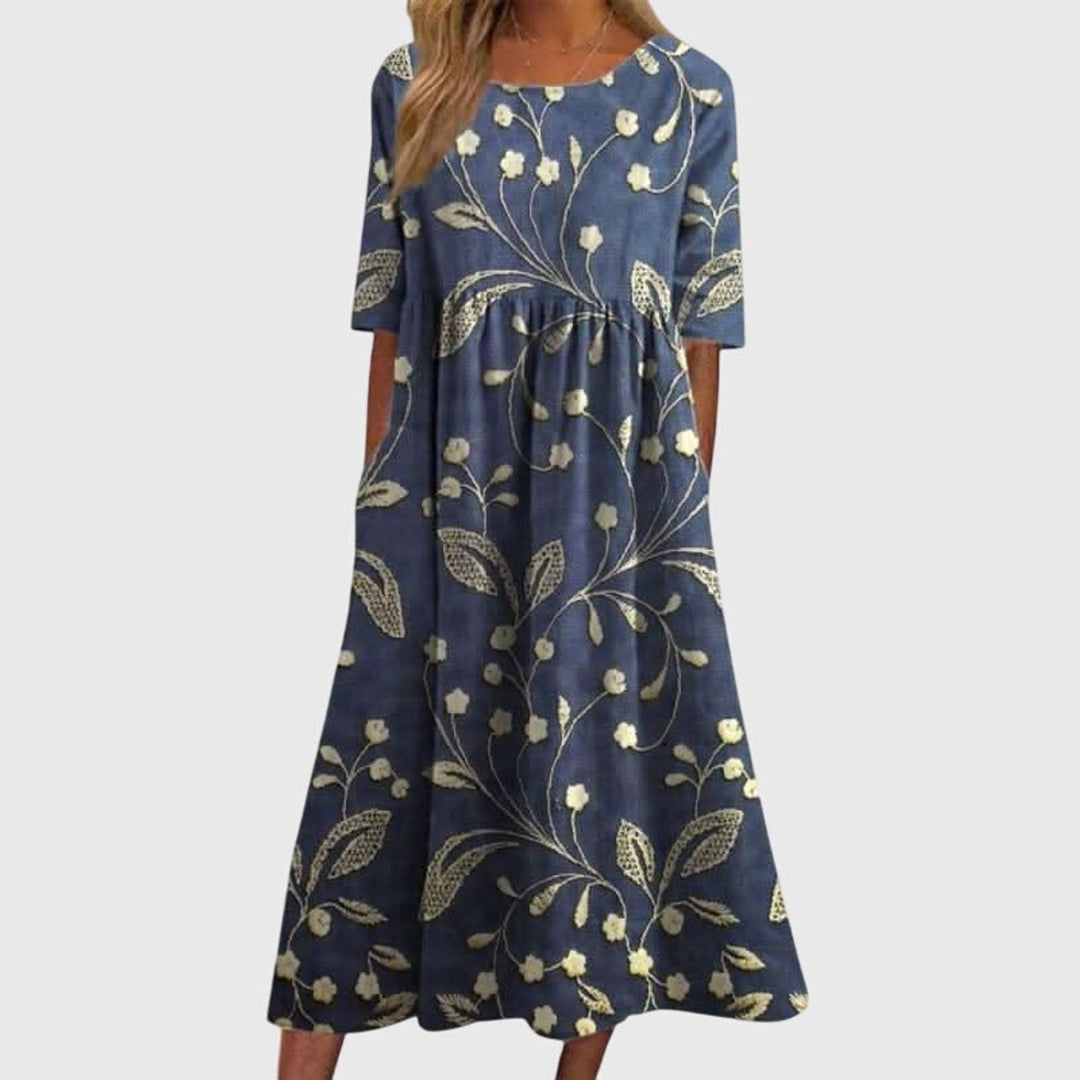 Women's Floral Print Half-Sleeve Flowy Midi Dress - Navy Blue