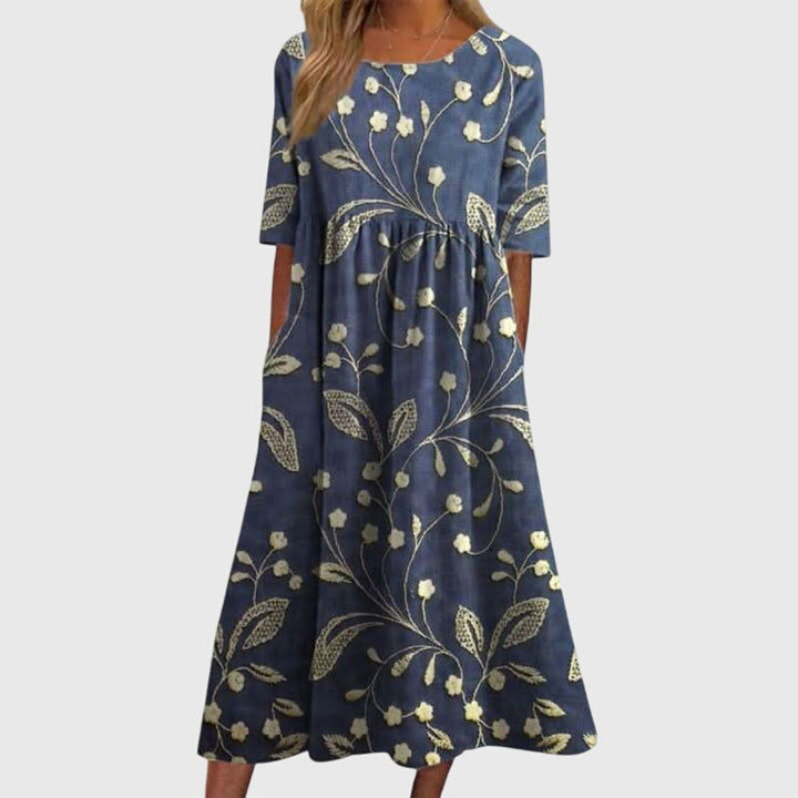 Women's Floral Print Half-Sleeve Flowy Midi Dress - Navy Blue