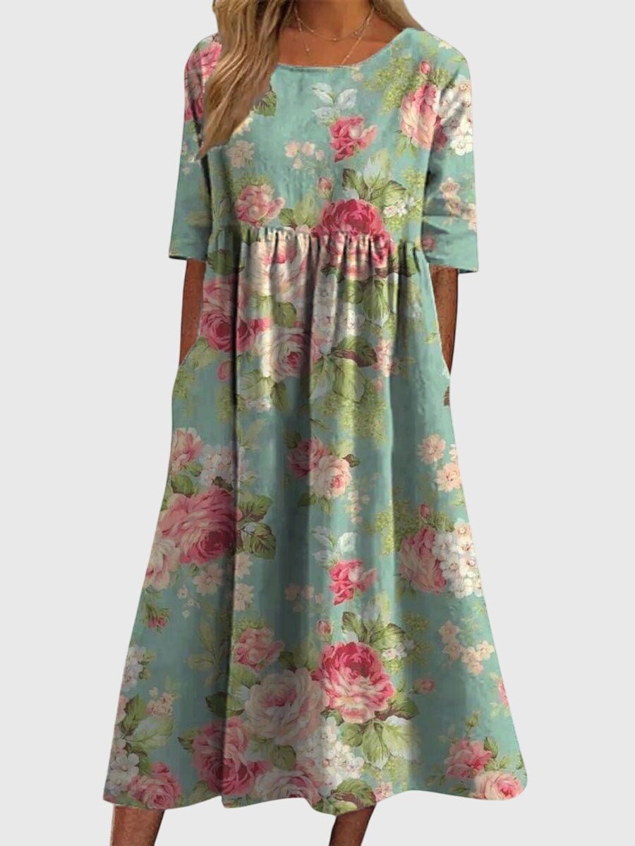 Women's Floral Print Half-Sleeve Flowy Midi Dress - Mint Green