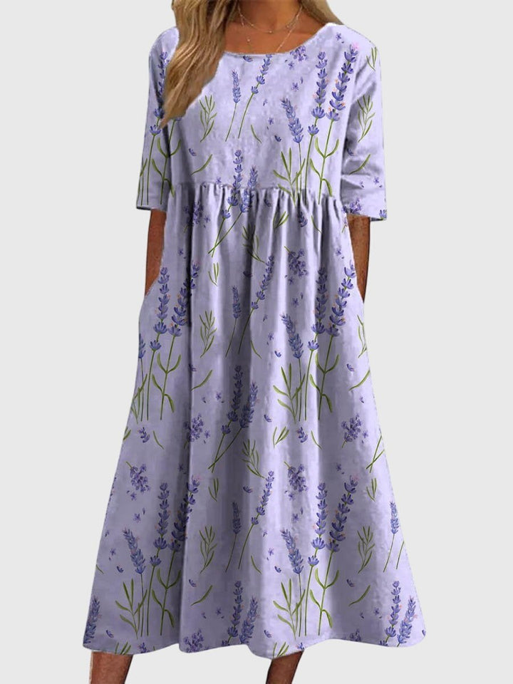 Women's Floral Print Half-Sleeve Flowy Midi Dress - Lavender