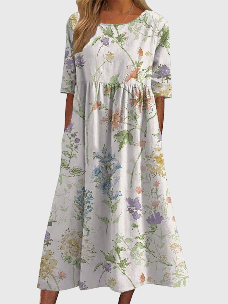 Women's Floral Print Half-Sleeve Flowy Midi Dress - White