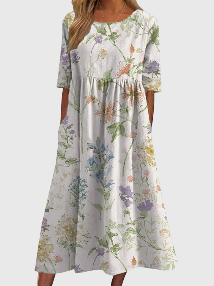 Women's Floral Print Half-Sleeve Flowy Midi Dress - White