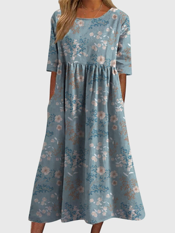 Women's Floral Print Half-Sleeve Flowy Midi Dress - Light Blue