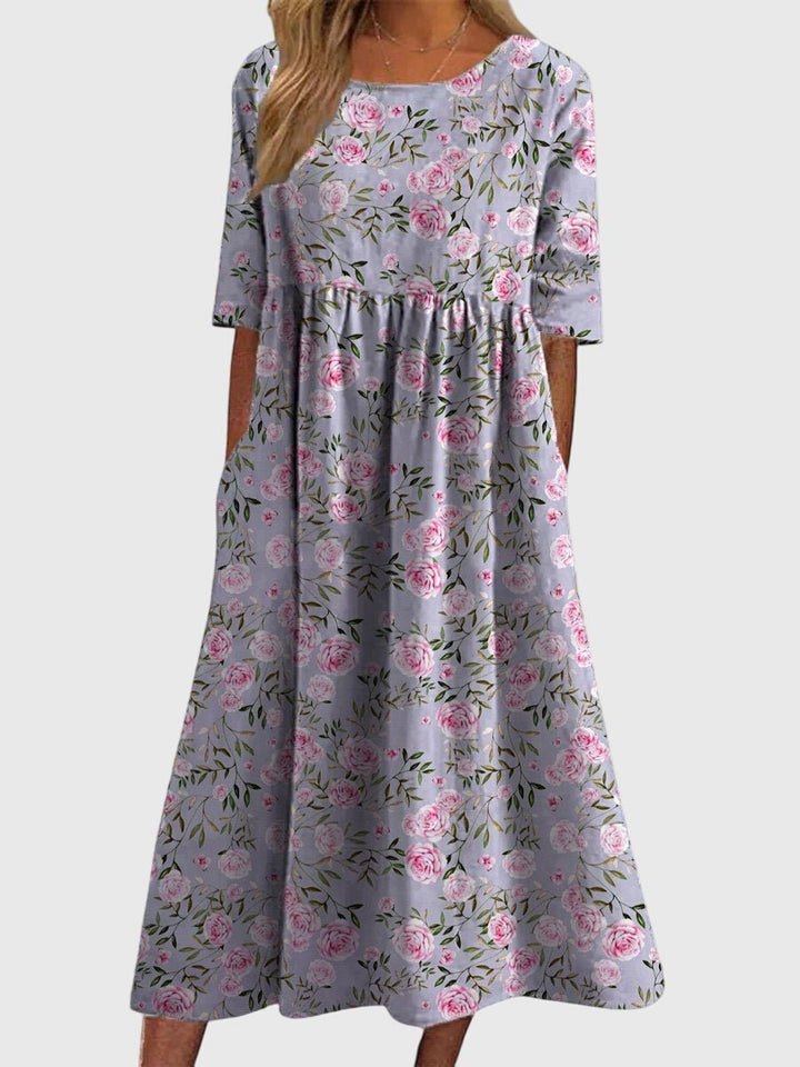 Women's Floral Print Half-Sleeve Flowy Midi Dress - Dusty Lilac