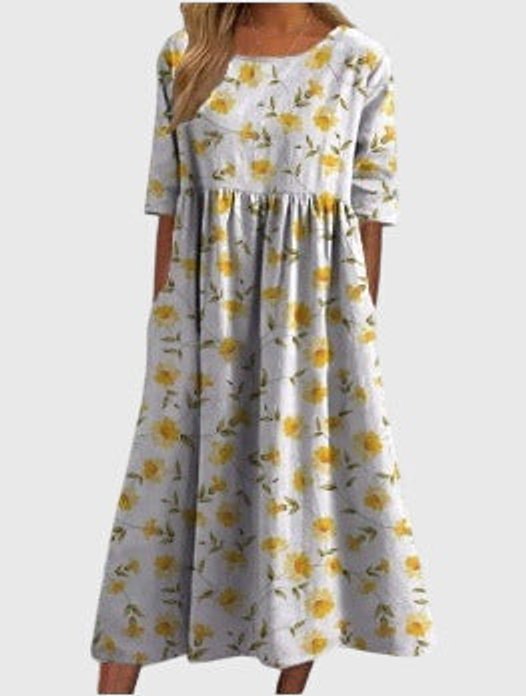 Women's Floral Print Half-Sleeve Flowy Midi Dress - Light Yellow
