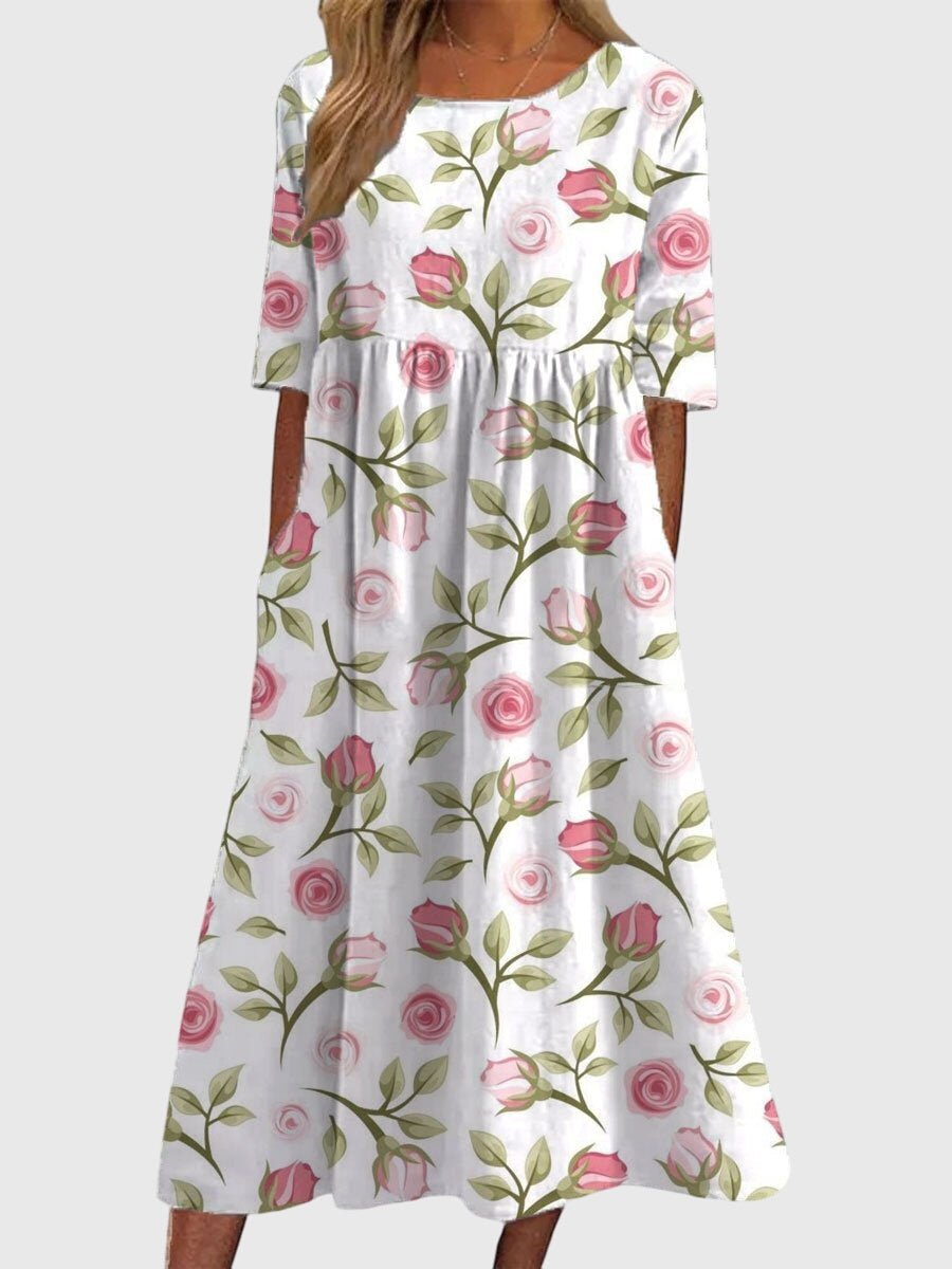 Women's Floral Print Half-Sleeve Flowy Midi Dress - White Pink