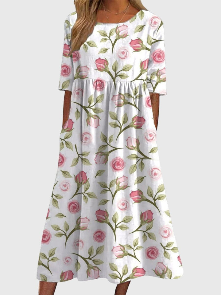 Women's Floral Print Half-Sleeve Flowy Midi Dress - White Pink