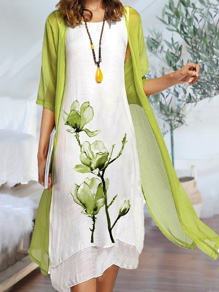 Women's Floral-Print Linen Midi Dress Sheer Chiffon Cardigan Two-Piece Set - Light Green