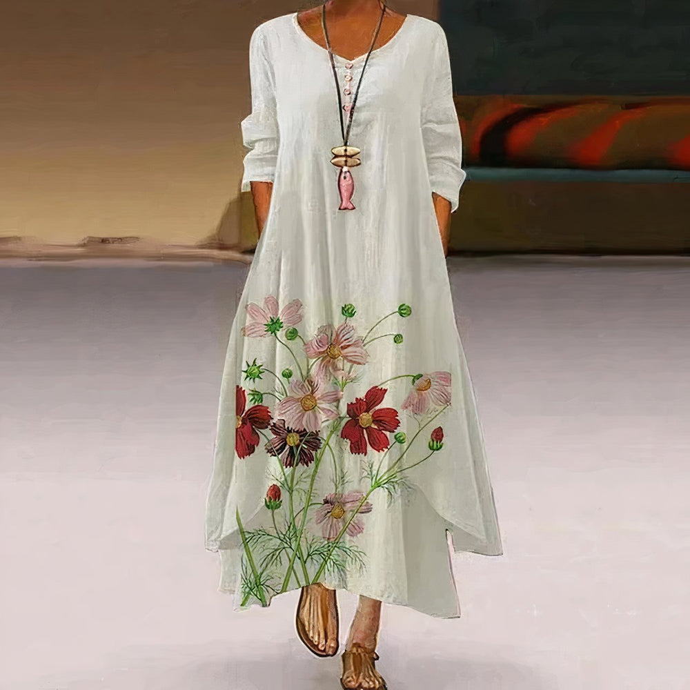 Women's Floral Print Long Sleeve Loose A-Line Maxi Dress - White 1