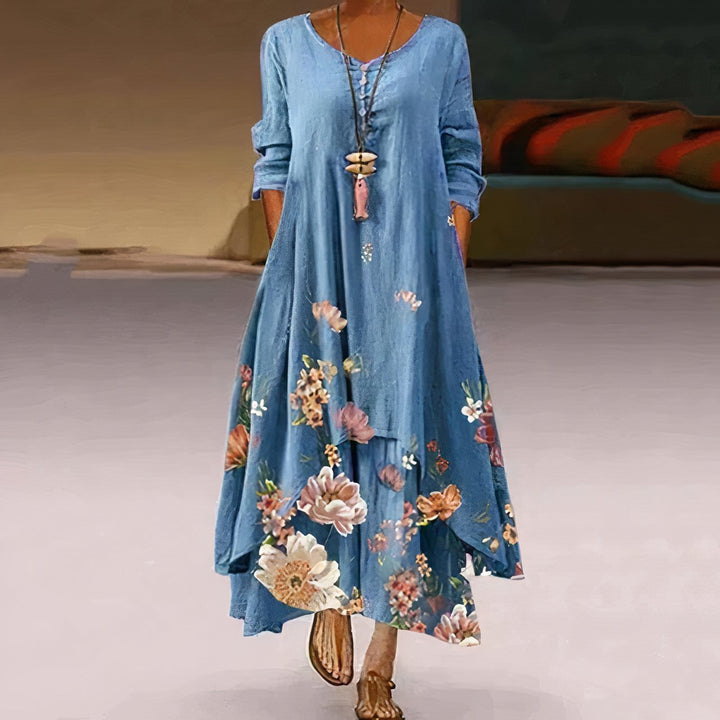 Women's Floral Print Long Sleeve Loose A-Line Maxi Dress - Blue