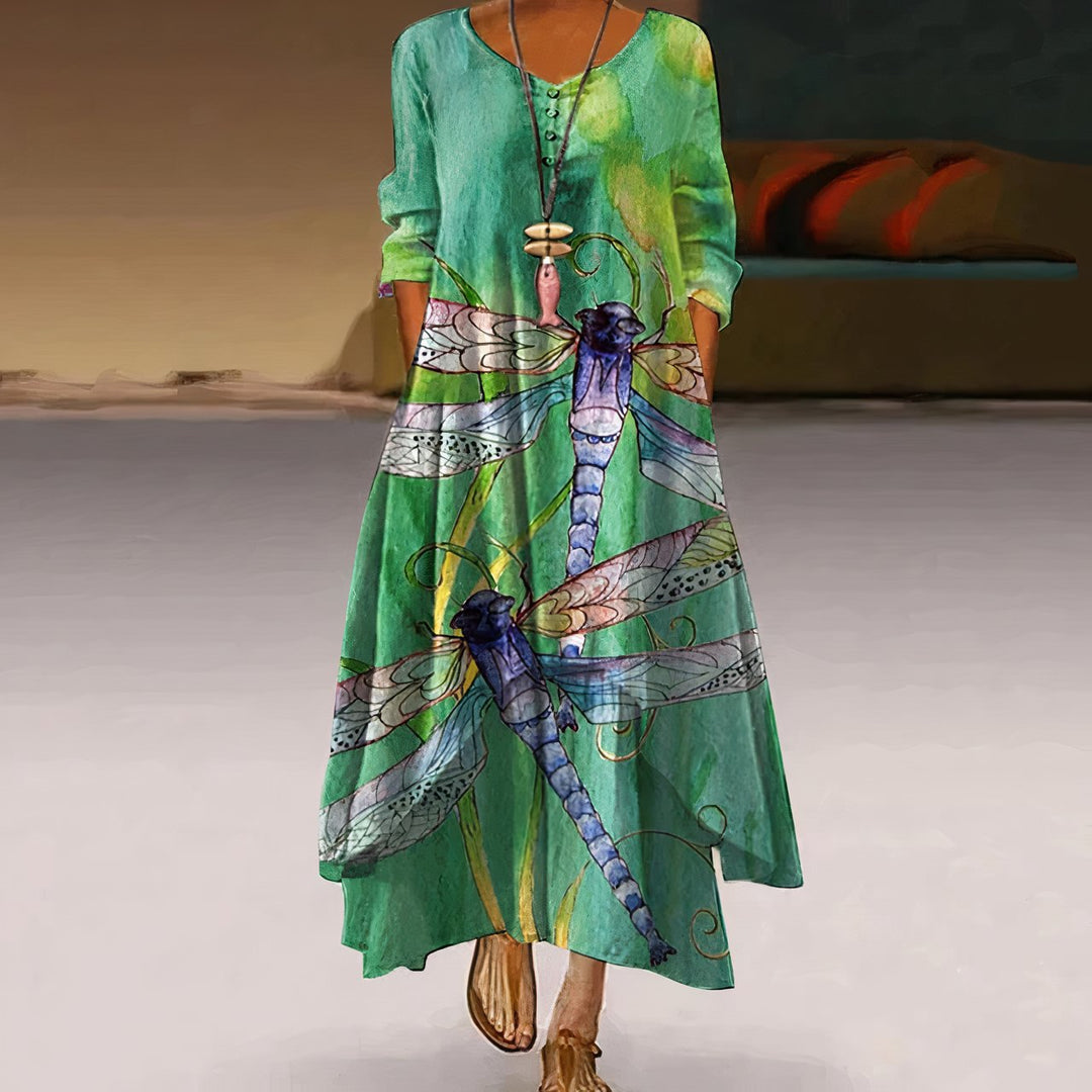 Women's Floral Print Long Sleeve Loose A-Line Maxi Dress - Green