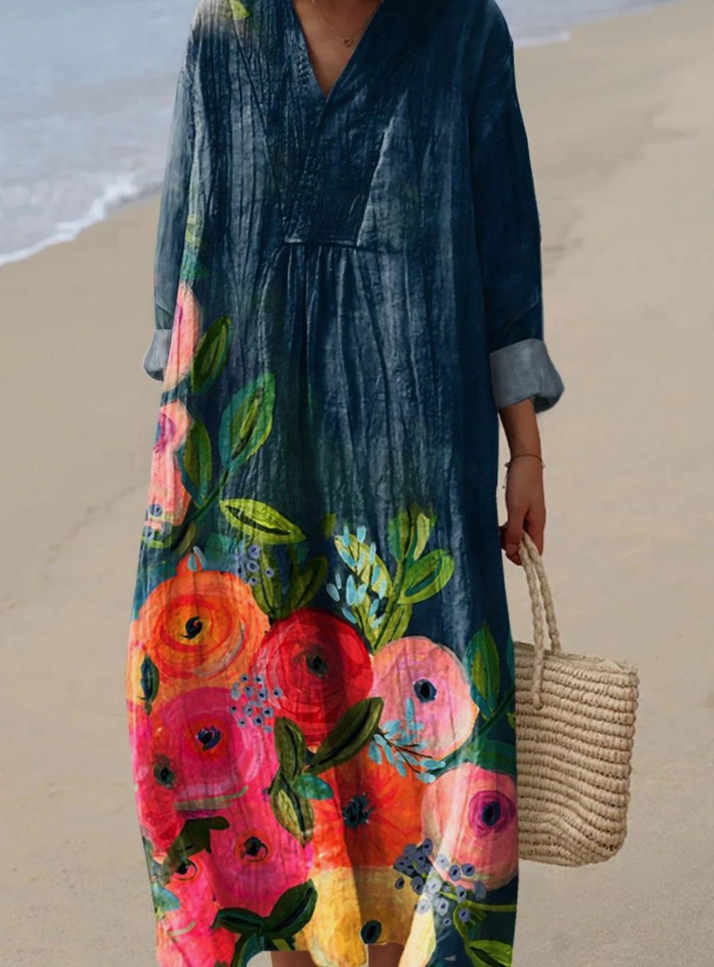 Women's Floral Print Long Sleeve Oversized Dress Maxi - Multicolor
